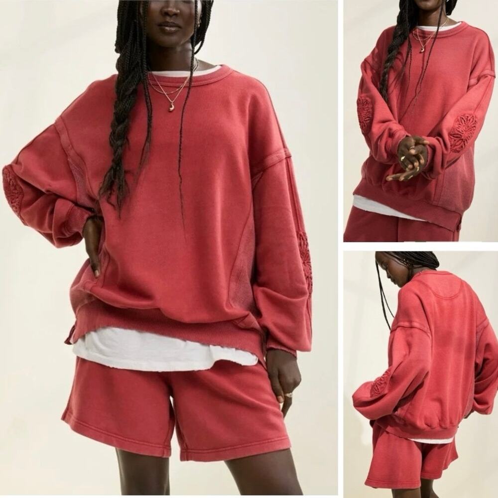 Aerie Keep It Light Crochet Crew Sweatshirt in Summer Burgundy Red - Size S